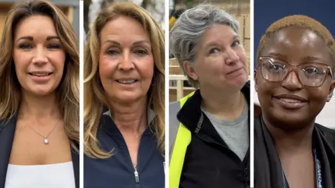 A composite image consisting of four vertical images of women separated by white bars. The two women on the left have long brown hair and are wearing blue tops, the third has shorter greying hair and is wearing a hi-vis top, while the fourth has short, curly black hair, brown-rimmed glases, and is wearing a lanyard and black jacket.  