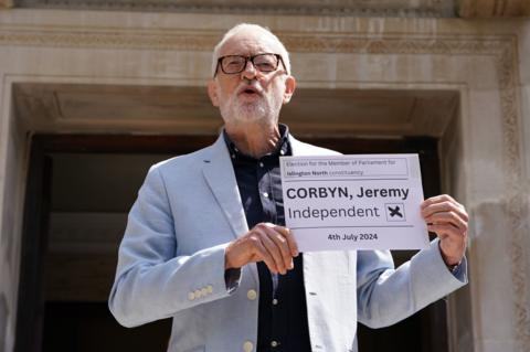 Jeremy Corbyn holding placard with word 'independent'