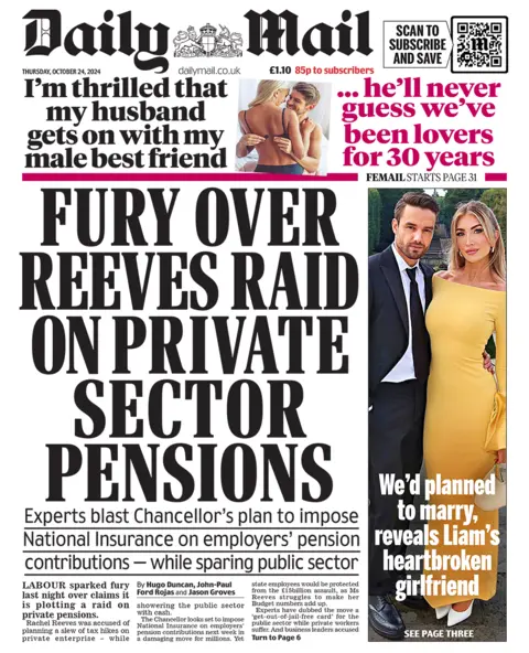 The headline in the Mail reads: "Fury over Reeves raid on private sector pensions". 