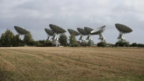 The Mullard Radio Astronomy Observatory, epicted by eight white satellite dishes with a field in front of it.