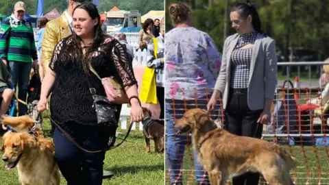 Jasmin Hyde Before and after picture of Jasmin pictured with a dog. In the first picture she is wearing a black top and carrying a bag. In the second she is wearing a grey jacked and check top.
