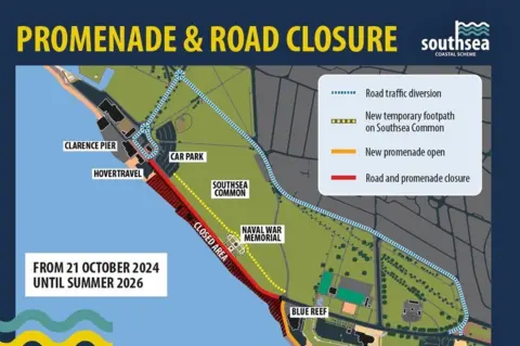 Southsea Coastal Scheme Graphic maps showing sea to left and closed area along the promenade with green common area behind