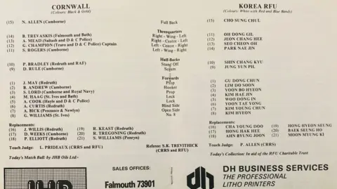 Phil Monckton A team sheet for Cornwall against Korea.