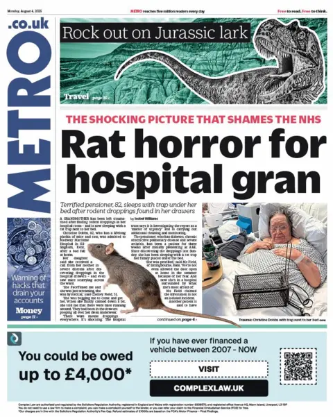 The Metro's headline reads "rat horror for hospital gran", accompanied with a picture of the rat squeezed between the text.  An elderly woman is also seen on a ward with a rat trap. 
