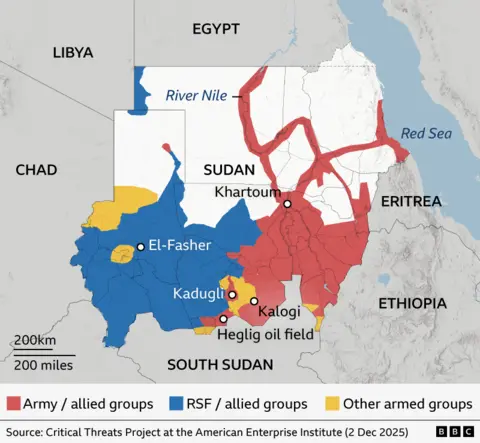 A map of Sudan showing areas controlled by the RSF - most of the west - and the army - most of the east, with a few areas controlled by other groups