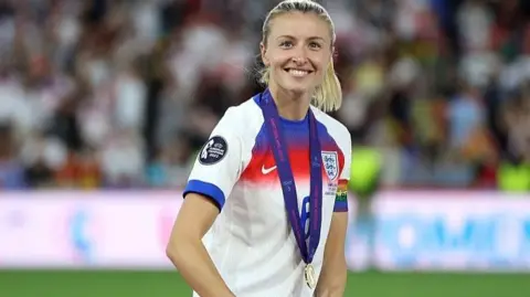 England captain Leah Williamson holds the European Championship trophy, 2025..