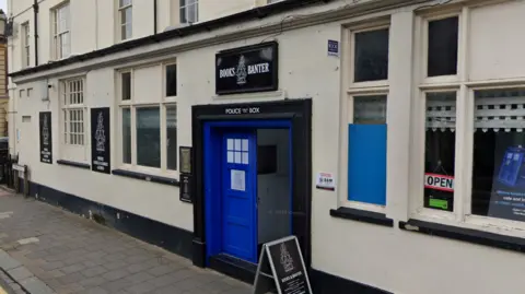 The outside of Books and Banter, the door is painted to look like a blue police box