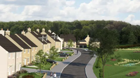 An artist's impression showing light-brick homes to the left, a road in the middle and open green space on the right.