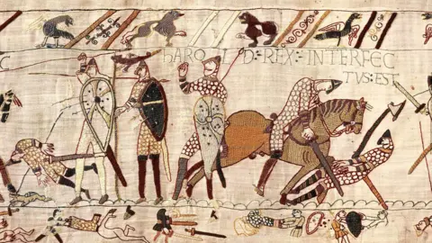 Bayeux Museum A wide crop shows the battlefield scene where Harold is depicted as being shot with an arrow surrounded by horses and knights, with birds and medieval writing reading 'Harold rex interfectvsest' with fabric detail showing the number 57.
