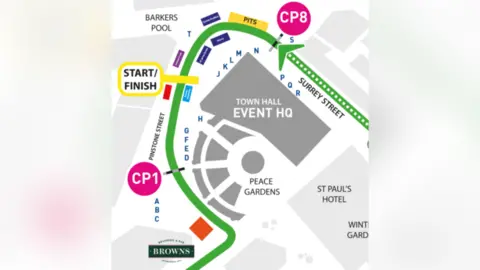 Sheffield Grand Prix A map showing the route of a cycle race. Each lap will see riders climb from the Crucible Theatre, up Norfolk Street, onto the cobbles, along Surrey Street to finish outside the Town Hall.