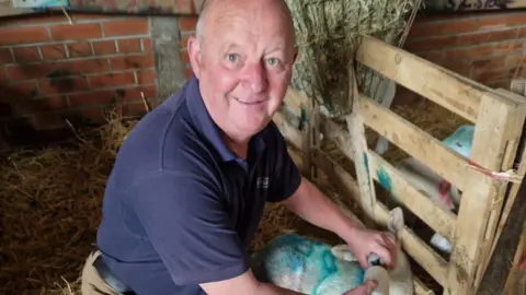 Trevor Close Trevor Close is feeding a lamb, with blue markings on its wool, from a bottle. He is kneeling down in straw with a bundle of hay in a sack behind him.