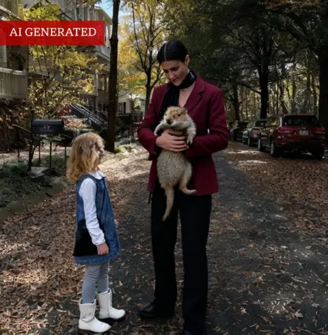 Emily Manns An example of the AI trend gone wrong. It shows a woman holding a rodent like animals, her hand looks strange, as if it has been badly edited and her face is distorted. 