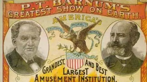 A circus poster advertising "P.T. Barnum's greatest show on earth". Two directors are pictured, either side of an eagle emblem which bears the words "truthful, moral, instructive".