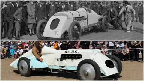 A composite image of the Babs car now, and 100 years ago