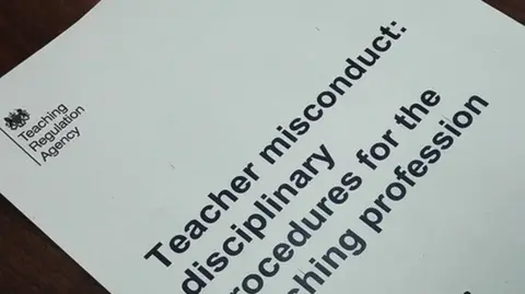 Teaching Regulation Agency A white piece of paper with the Teaching Regulation Agency logo in the top left-hand corner. The words "Teacher misconduct: disciplinary procedures for the teaching profession" can be seen on the paper.