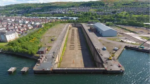 A large dry dock with a river in the foreground, and hills and houses behind it