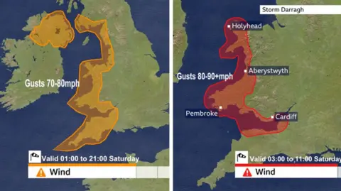 Met Office A met office weather map showing the predicted progress of Storm Darragh.