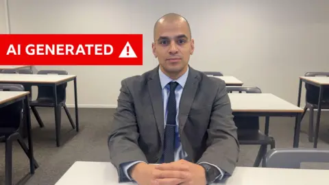 Great Schools Trust AI deepfake of Benjamin Barker, Director of AI at Great Schools Trust and principal of Kings Leadership Academy Wavertree. The deepfake is wearing a suit and tie and there is a red warning sign saying 'AI Generated' top left
