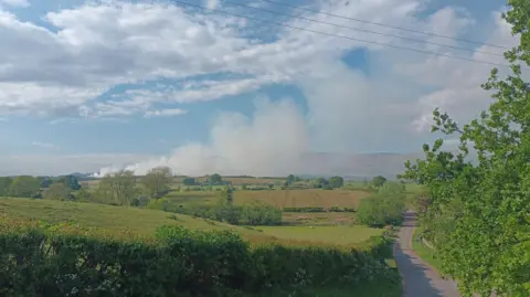 Anne Pattinson Green fields, with a country lane on the right hand side. Smoke can be seen in the distance coming from a field. It is a sunny day.