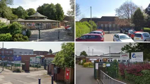 Google A collage of the four affected schools. Clockwise from top right: Lift Beacon, Sketchley Hill Menphys Nursery School, Oasis Retreat, and Wigston Menphys Nursery School.