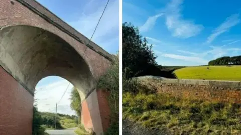 The old railway bridge in Kiplingcotes (on the left). On the right is the wall  and the wall that the dogs have jumped over on the right