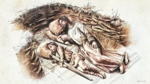An artist's impression of how the children were placed in the grave depicts an older girl laying on her right side in a long, one-piece tunic. She has shoulder length straight hair and she has a belt on with a workbox attached to it. A small boy is lay in front of her also on his right side and has a long sword between his arms that is the length of his shoulders to his ankles. They both have what looks like filled sacks supporting their heads.