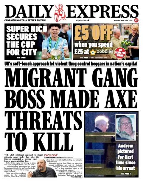 The headline of the front page of the Daily Express reads: "Migrant Gang Boss Made Axe Threats To Kill."