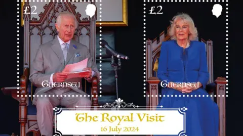 Guernsey Post King Charles and Queen Camilla pictured in a set of stamps which have £2 marked on each and the word Guernsey.