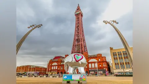 David Bradbury Mirrorball Elmer sculpture on Blackpool Promenade near the Tower