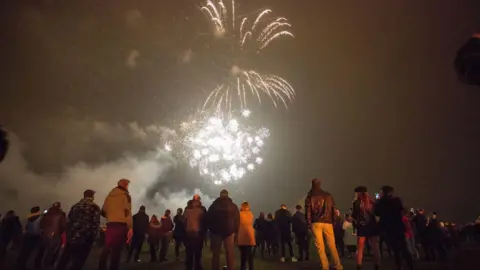 People gathered in a field to watch a firework display.