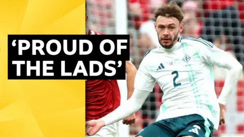 Conor Bradley in action for Northern Ireland against Denmark