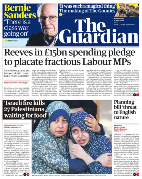 "Reeves in £15bn spending pledge to placate fractious Labour MPs" reads the headline on the front page of The Guardian.