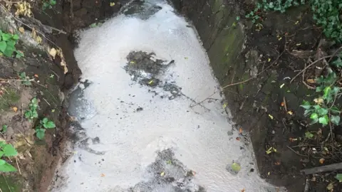 Environment Agency Brown, cloud and foamy water in a narrow brook 