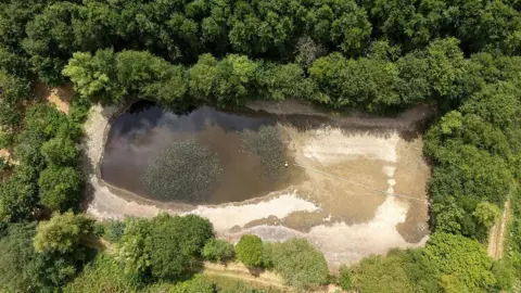 Getty Images An aerial view of the irrigation reservoirs at Riverford Organic Farmers in Buckfastleigh, Devon, of which three out of four have run dry.