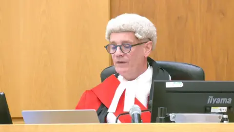 A judge seen wearing a wig, robes and glasses, reads from his laptop