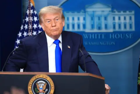 Getty Images Donald Trump stands at the podium at the White House to address the media. He had short blonde hair and wears a navy suit with a bright blue tie.