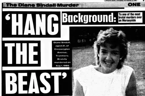 British Newspaper Archive A black and white newspaper page with a picture of Diane Sindall, wearing a white sleeveless top, and a headline reading 'HANG THE BEAST'. 
