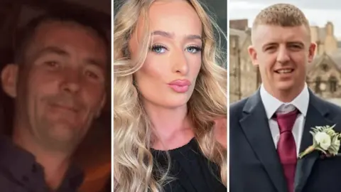 Composite image. It is a dark picture of John Guy - he has dark hair and is wearing a dark blue shirt. In the middle is Laura Hoy-Henry - she has long wavy blond hair and is wearing a black top. She is pouting at the camera and has pink lipstick on. Conor Quinn is third - he has short brown hair, is wearing a white shirt, burgundy tie and navy suit. He is smiling at the camera .