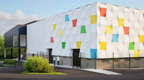 Artist's impression of the new sports and community centre in Preston. A white and multi-coloured wall is seen whilst a darker, adjoining building is behind.