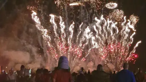 stacey johns A firework display being watched by a crowd with their backs to the cameras as the colourful explosions and smoke fill the sky. A child can be seen on an adult's shoulders.