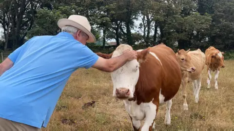 Major Beaumont pets a cow on the head in a field. He is wearing a blue polo top and a straw hat.