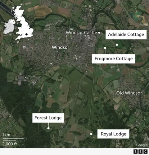 Satellite map showing Royal Lodge, Frogmore Cottage, Adelaide Cottage and Forest Lodge relative to Windsor Castle, with labelled locations including Windsor and Old Windsor