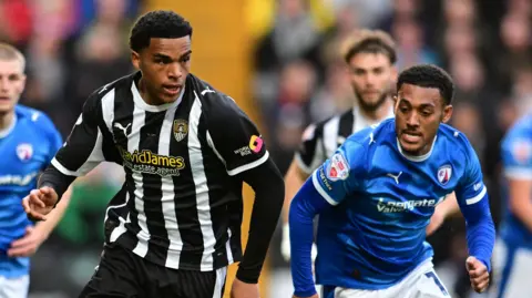 Tom Iorpenda (left) in action for Notts County against Chesterfield in the League Two play-off semi final