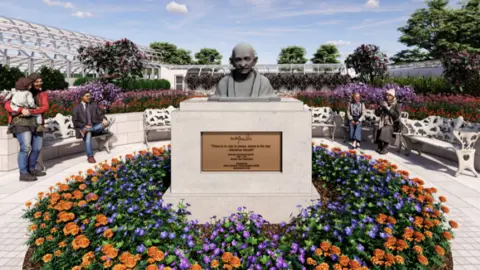 An artist's impression of the planned bust of Indian leader Gandhi, it is in the middle of a flower bed, and people are looking at it.