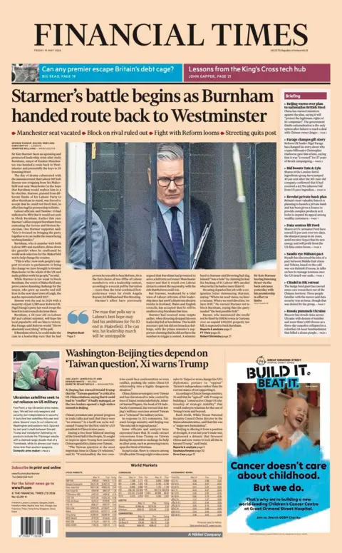 The headline on the front page of the Financial Times reads: “Starmer's battle begins as Burnham handed route back to Westminster”.