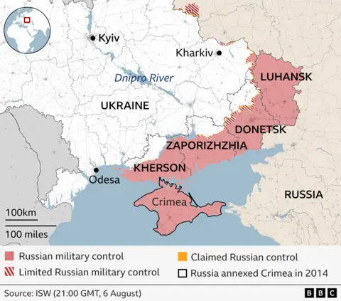 Map showing Russian military control in Ukraine on 6 August. Areas under Russian control are shaded red, limited control is marked with red diagonal lines, and claimed control is shown in yellow. Crimea, annexed by Russia in 2014, is outlined in black. Key cities labelled include Kyiv, Kharkiv, and Odesa, with the Dnipro River also marked. The regions of Luhansk, Donetsk, Zaporizhzhia, and Kherson are identified. Source: ISW.