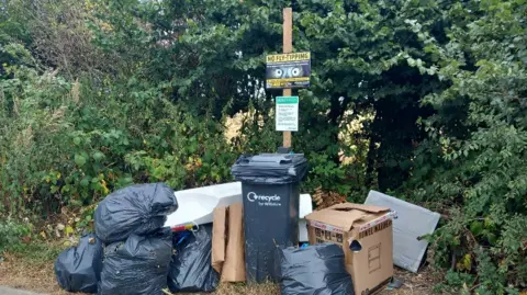 Wiltshire Council Image shows a black bin on the side of the road surrounded by 6 black bags, loose cardboard and a cardboard box. On a wooden pole behind the bin a sign reads 'NO FLY-TIPPING'. 