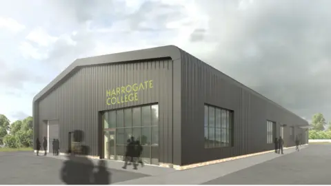Harrogate College Concept image of Harrogate College’s proposed renewable energy technology centre- a dark grey warehouse style building.