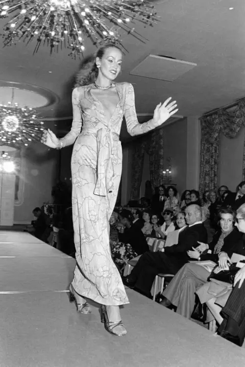 Getty Images Jerry Hall on DVF catwalk