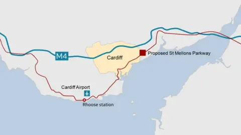 A map of south east Wales showing the proposed location of the Cardiff Parkawy station